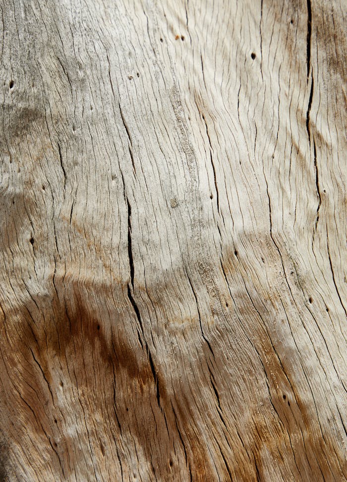 Close-up of weathered tree bark showing intricate textures and organic patterns, ideal for natural background use.